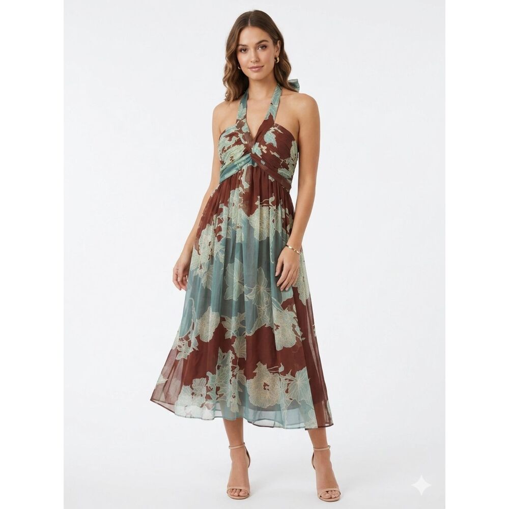 Nicole Miller and Teal Halter Twist-Front Floral Midi Dress Silk waist 29 y2k